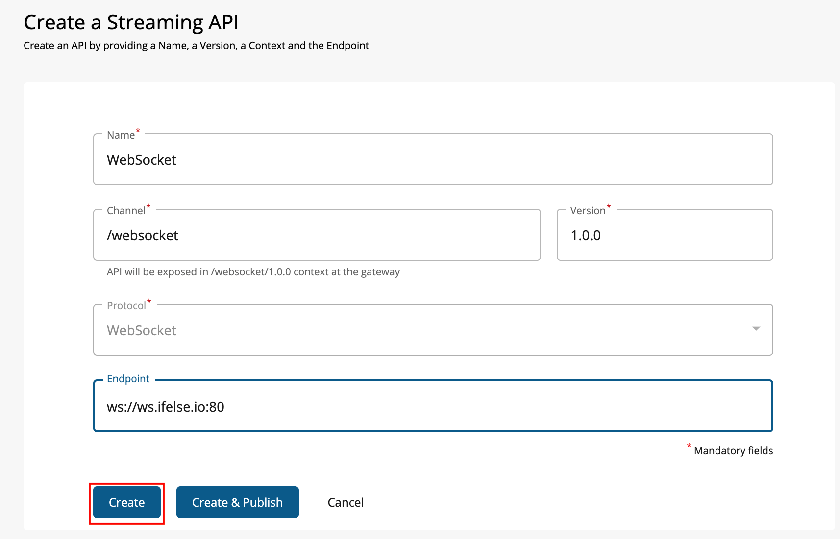 Create WebSocket API Form