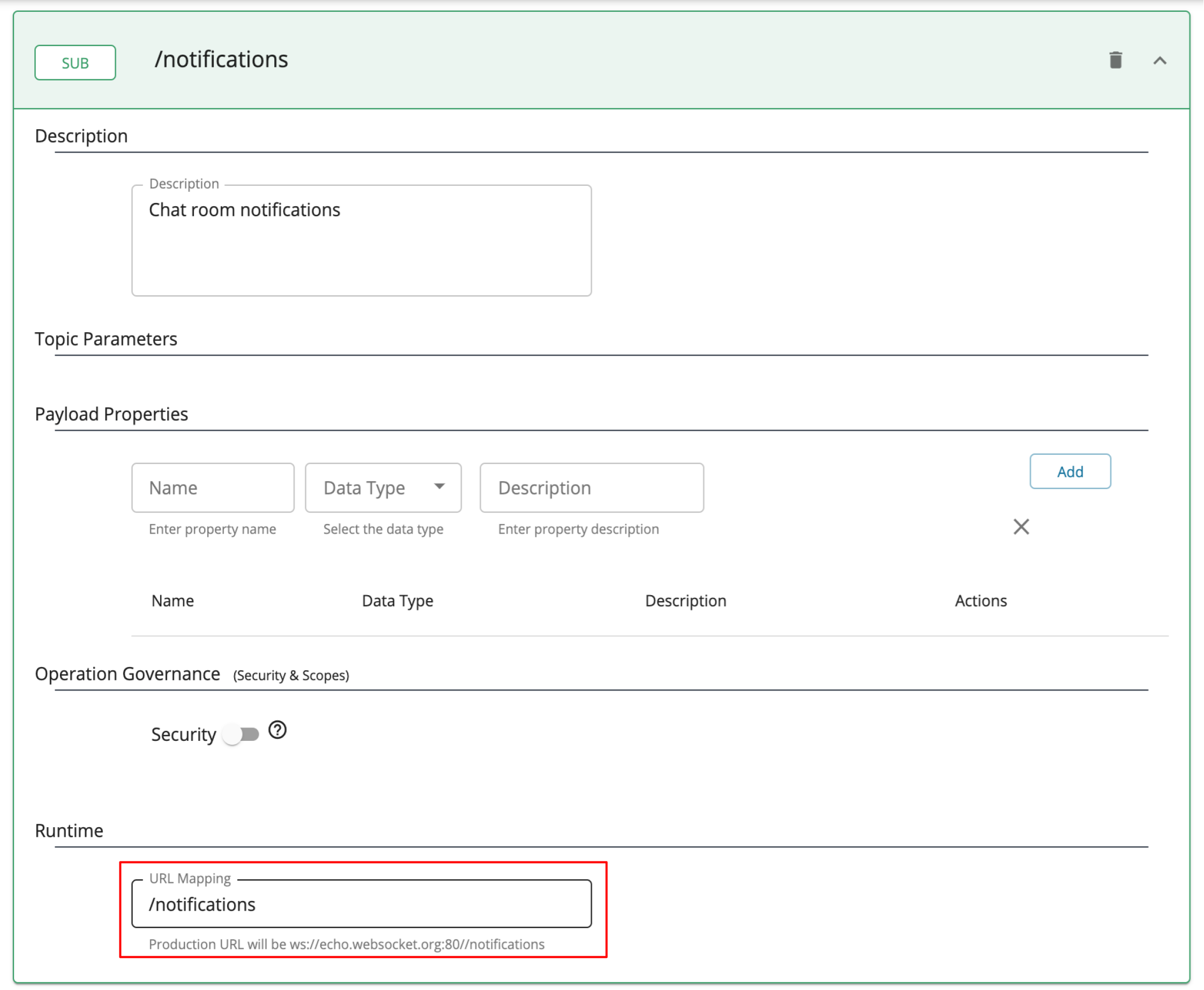 WebSocket API Topic URL Mapping