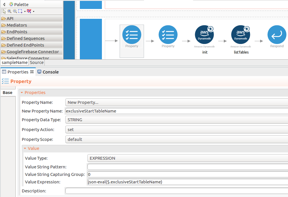 Add property mediators to capture exclusiveStartTableName