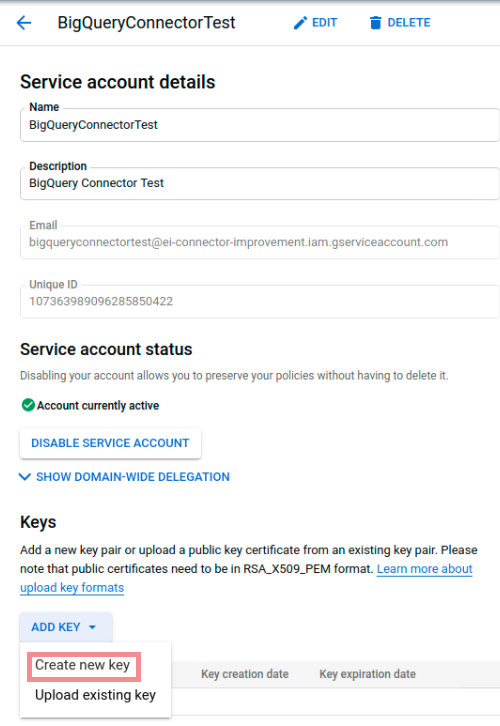 Bigquery service account create key