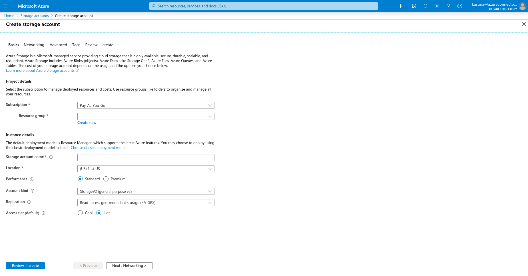 MS azure storage basic configurations