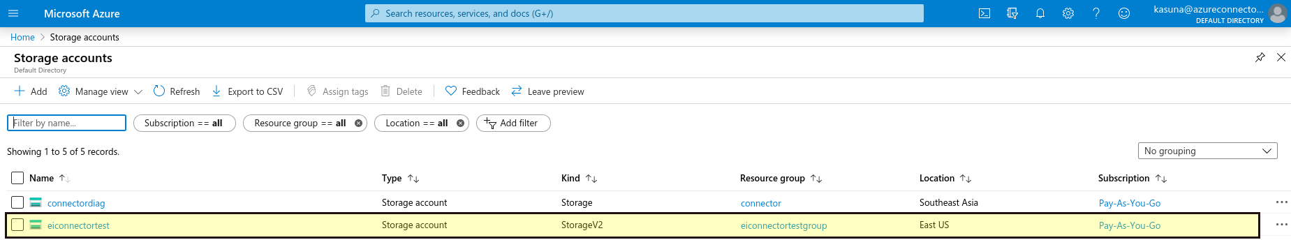 Select created storage account