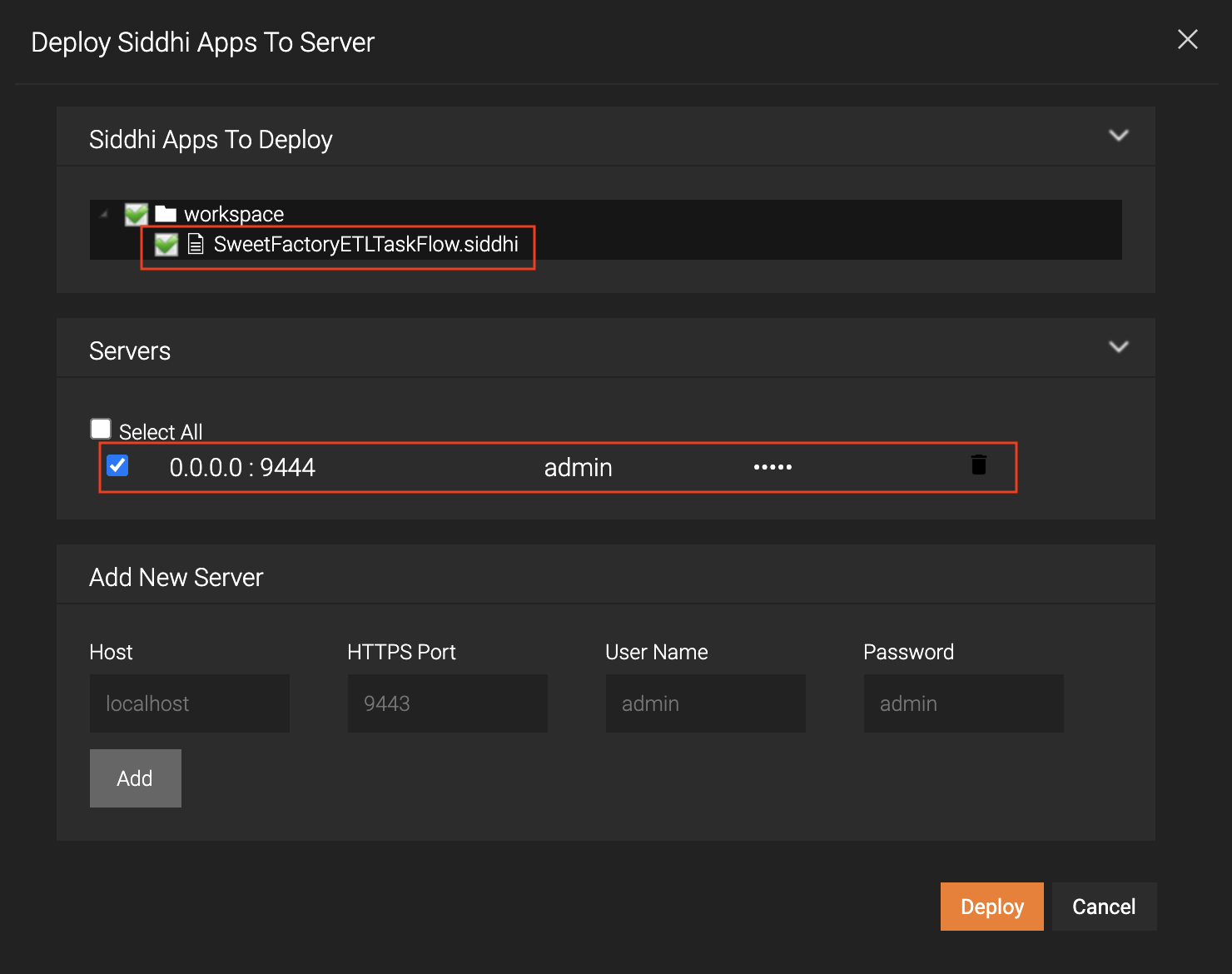 Select Siddhi Application and Server