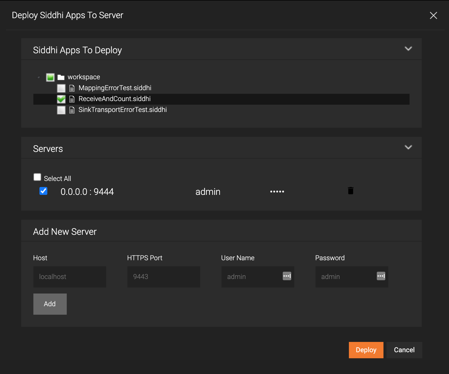 Select ReceiveAndCount Siddhi Application and Server