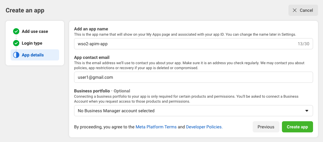 Create new facebook app