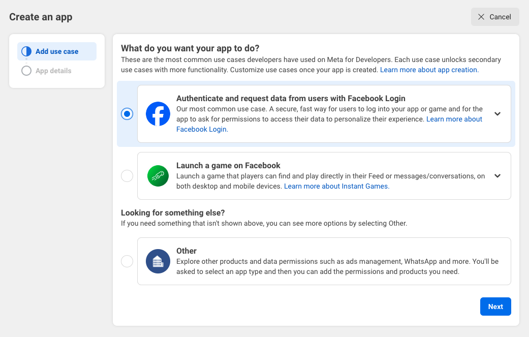Select Facebook login app