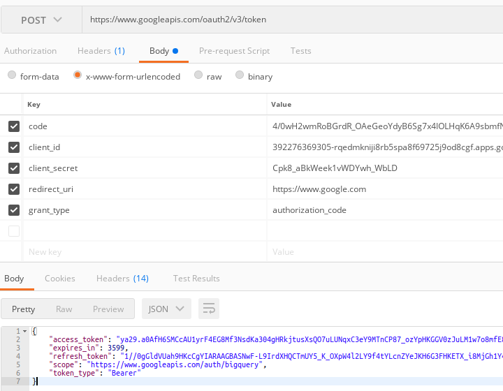 Bigquery get token using postman