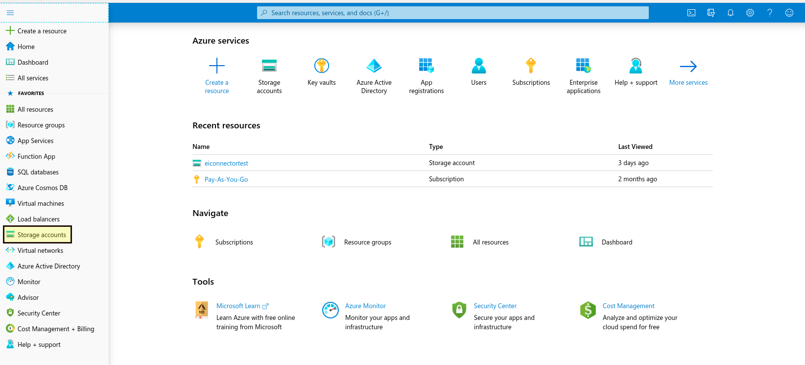 Select MS Azure storage account