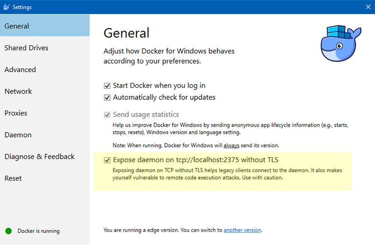 Docker settings tab