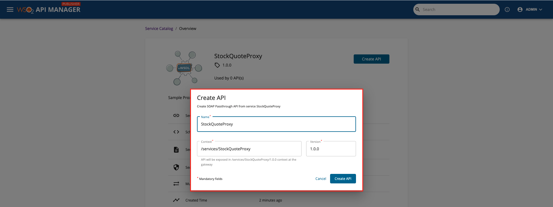 create api dialog box