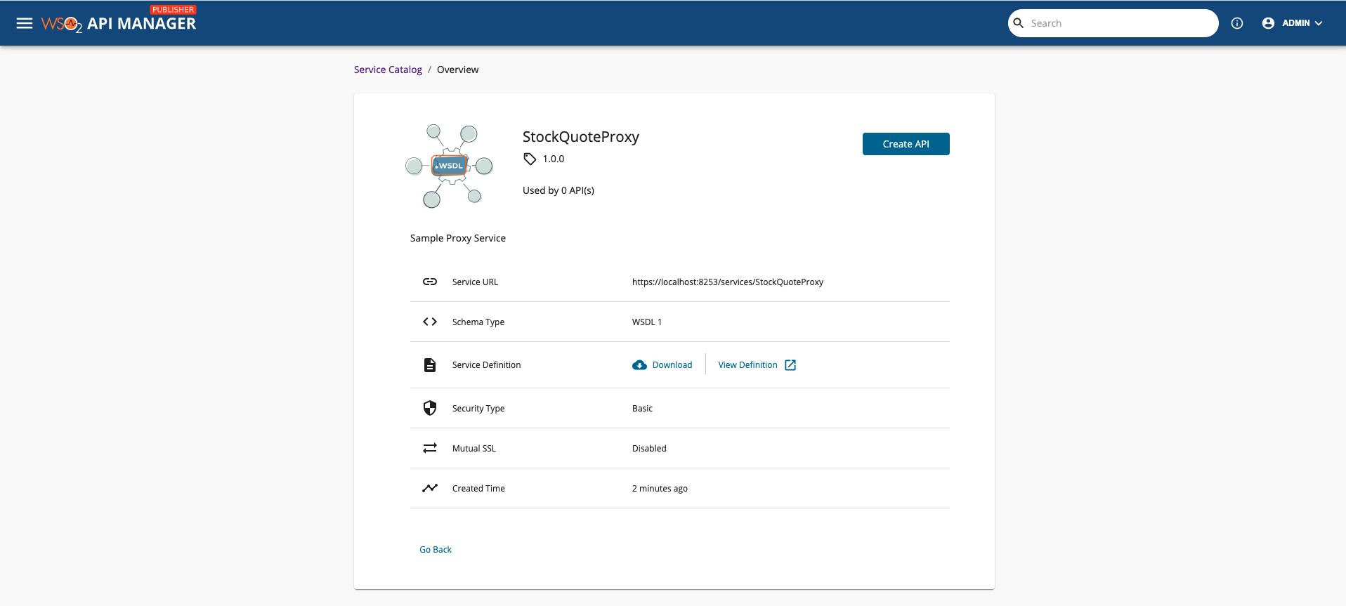 API created from service catalog